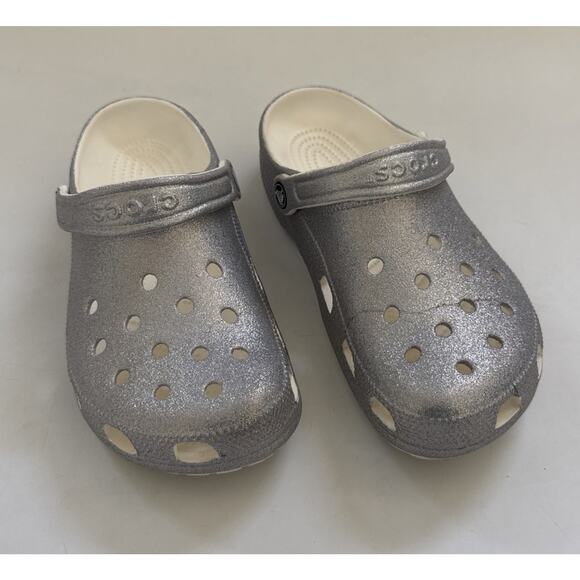 Crocs Silver Glitter Women’s 9 Mens 7 Slip On Washable - Picture 1 of 8